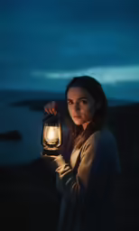the girl holding up a flashlight on the shore
