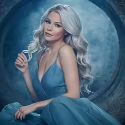 a beautiful woman in a blue dress holding a ball
