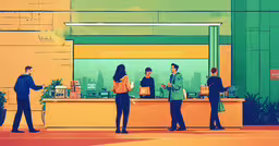 group of people stand at the food counter talking,some people are standing outside a large store front