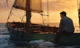 a person is on the water near a boat,a man is sitting on the side of a sailboat at sunset
