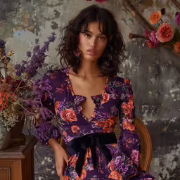 a woman sitting down in a chair with flowers,an attractive woman sitting on a chair with flowers in the background