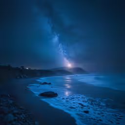 a night at the ocean looking at the moon