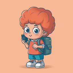 a boy with red hair standing and holding a camera