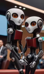 two robotic birds in formal wear standing on a stage