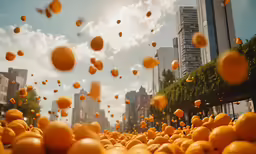an image of many oranges falling from the sky