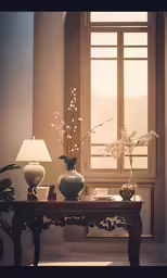 a table with a vase of flowers near a window
