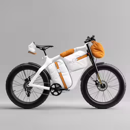 an electric bicycle with an orange seat on it,an electric bicycle with orange and white linings