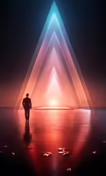 a person is standing in a large room with triangles