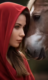 the woman in red is next to a horse