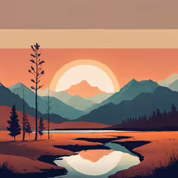 a landscape with a mountain, lakes and a sunset,an image of the sun setting over a lake