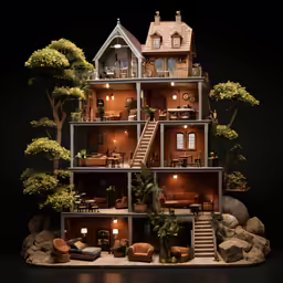 a miniature house on a large rock near trees and a stair case