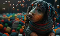 a dog with a scarf and hat sitting in a ball pit