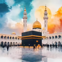 an oriental style structure with golden domes and people walking about