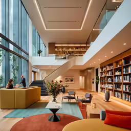 some couches chairs tables and windows books and a staircase