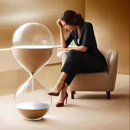 a woman sitting on a chair next to an hourglass