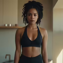 a woman standing in a black bra