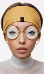 a woman wearing large glasses on top of her head