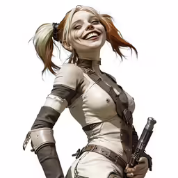 a girl in white is posing with a gun