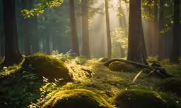 green moss covered rocks in the forest near trees