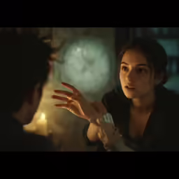 a man and woman talking while one holds his hand out