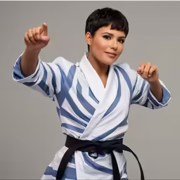 a woman with a karate stance on her arms