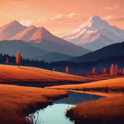 mountains, trees and a body of water at sunset,a scenic view of mountains is in the distance