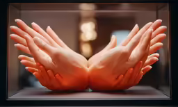 two hands are holding together on display in a case
