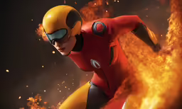 an animation character is being shown in a fire scene