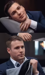 two photos of a man in a suit and tie holding onto his jacket