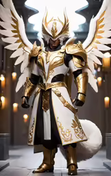 a male in a white and black outfit with wings and gold trims