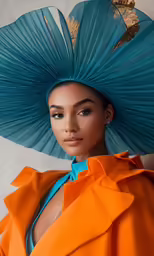 a woman with a large blue hat on top