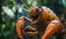 a close up photo of a big orange bug with its mouth open