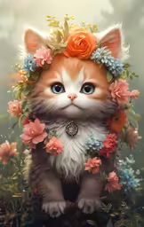 a little cat with flowers all around its face