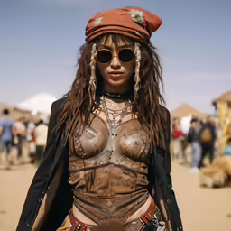 this woman with no bra and leather outfit is wearing a military style hat