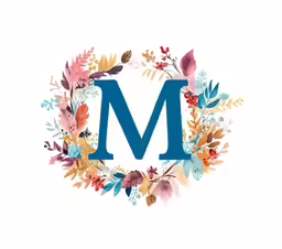a blue letter m with flowers and leaves in the background