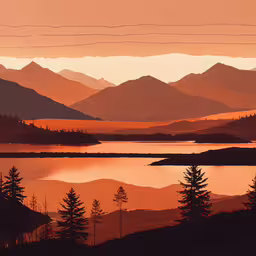 the sun sets over a mountain lake that has mountains in the distance,the mountain view at sunset shows the orange sky