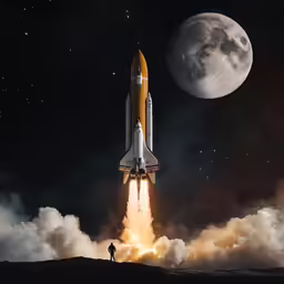 the space shuttle is being launched from earth on a full moonlit night