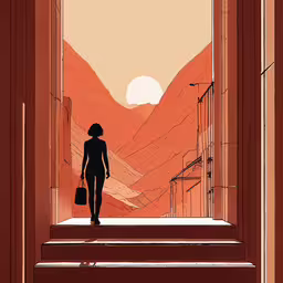 a person is walking down steps with a purse,a silhouetted person with a shopping bag on top walks through an alley way