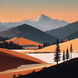 a snowy mountain range in the distance with pine trees in foreground,a painting of a snowy landscape with evergreen trees