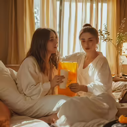 two women sitting on a bed, looking at each other