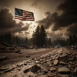 a flag flying over a dirt road under a cloudy sky