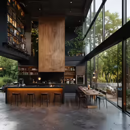a long dining table inside a large building