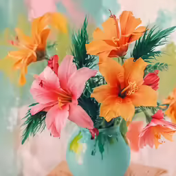 flowers and leaves in a light blue vase