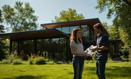 a man and a woman standing outside on the grass