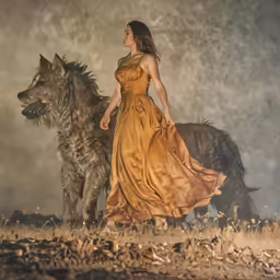there is a woman in a dress walking next to a wolf