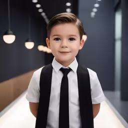 small boy with black suspenders and black tie standing in a hallway