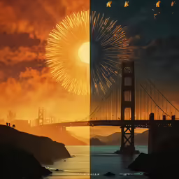 two photographs showing the sun shining behind a bridge