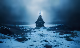 a lonely, snowy area in the winter with an old tower