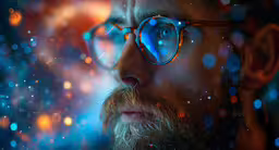 a man in blue and orange glasses looking at something in the air,a close up of a person with glasses on
