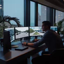 a man sitting at a desk in front of three monitors